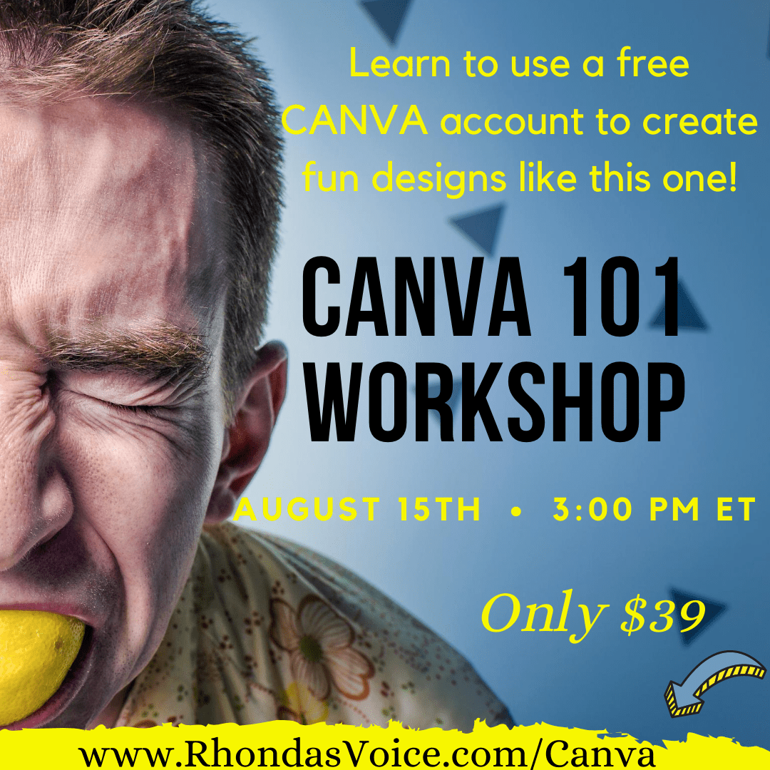 Canva 101. An image of man eating a lemon. Hie eyes are closed tights as he makes a sour face. Workshop graphic.