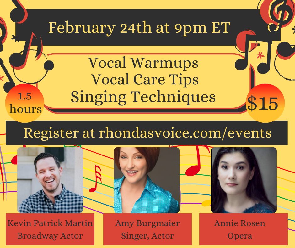 Vocal Care and Vocal Warmups image. The headshots appear in this graphic. The first is a man in his 20's with short blonde hair and a button down blue shirt. The next is a woman in her 20's with red hair and a blue button down shirt and the third is a woman in her 20's with long dark hair wearing a black shirt.