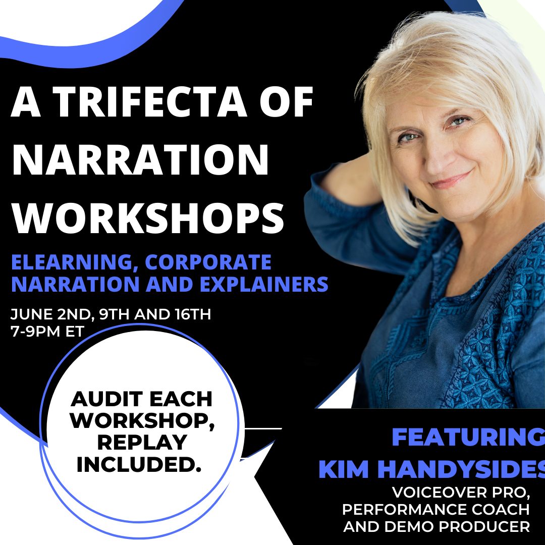 A blonde woman stands with a closed mouth smile, looking towards the camera. A promo graphic announcing a narration workshop.