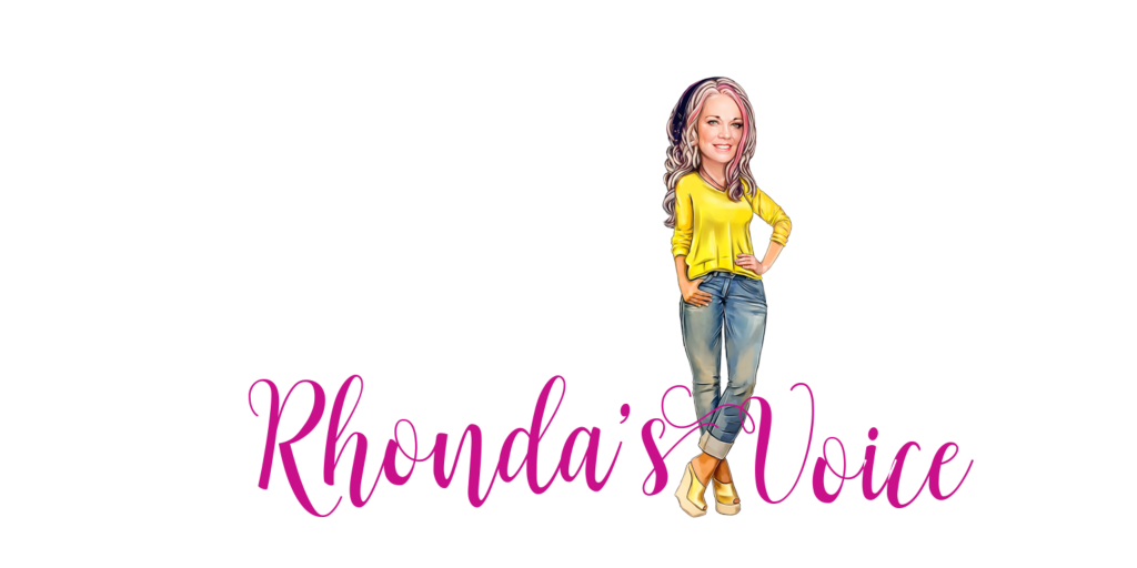 Logo for Rhonda's Voice. A cartoon woman with long hair and headphones wears a yellow sweater, jeans and heels. Rhonda's Voice appears in pink. cursive