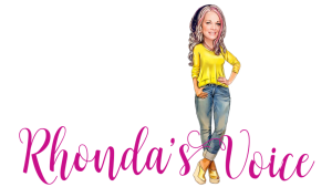 An avatar of a woman appears in a logo. She is wearing a yellow shirt and denim jeans with heels. She has long grey hair with a pink streak in the front. She wears Headphones. 