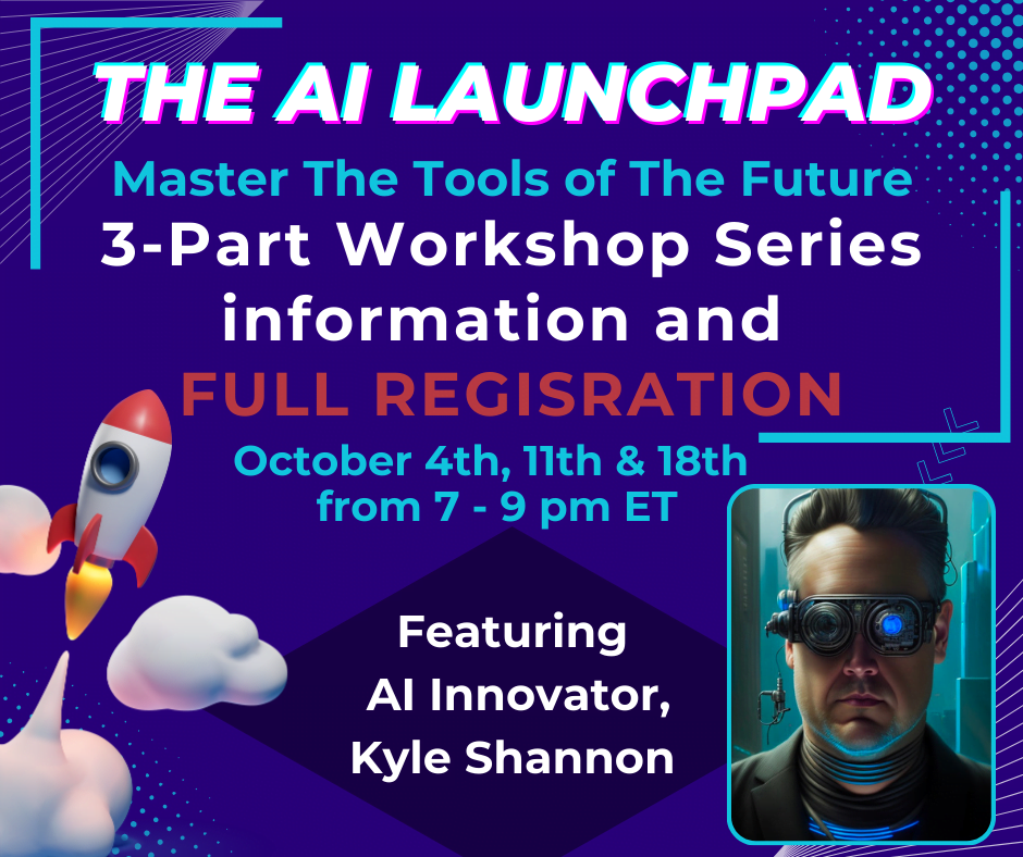 A graphic cartoon rocket ship launches into action accompanied by a futuristic artificial intelligence image of workshop presenter Kyle Shannon. A workshop about AI