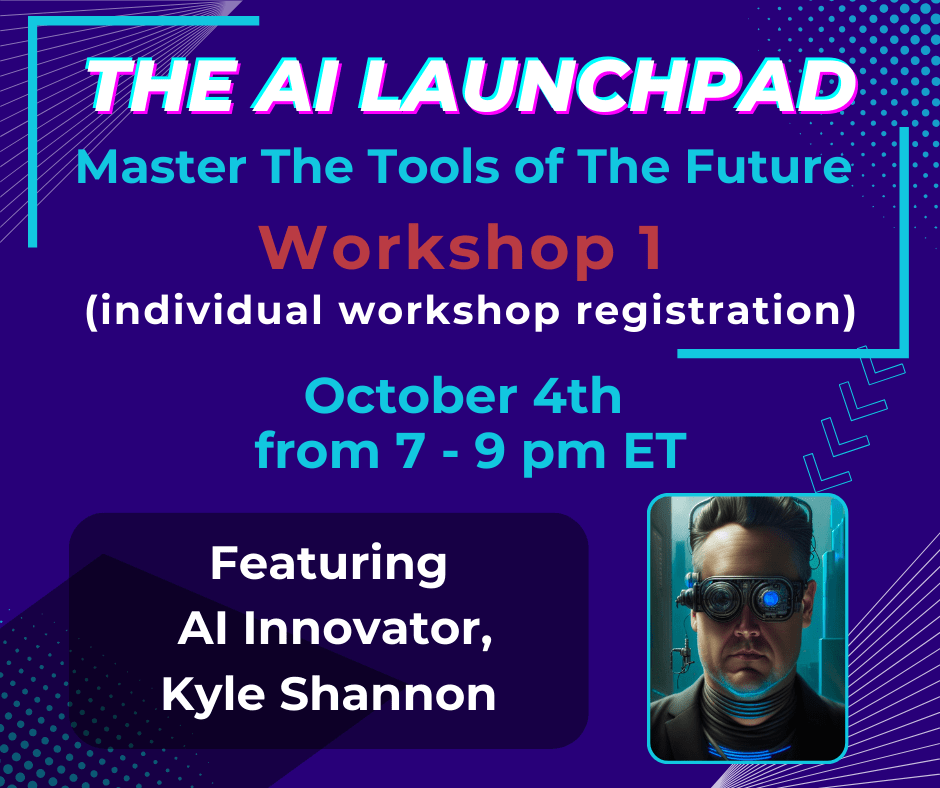 AI. A futuristic artificial intelligence image of workshop presenter Kyle Shannon. Graphic for workshop 1