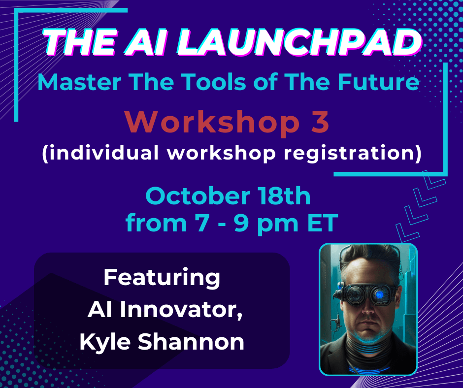 AI. A futuristic artificial intelligence image of workshop presenter Kyle Shannon. Graphic for workshop.