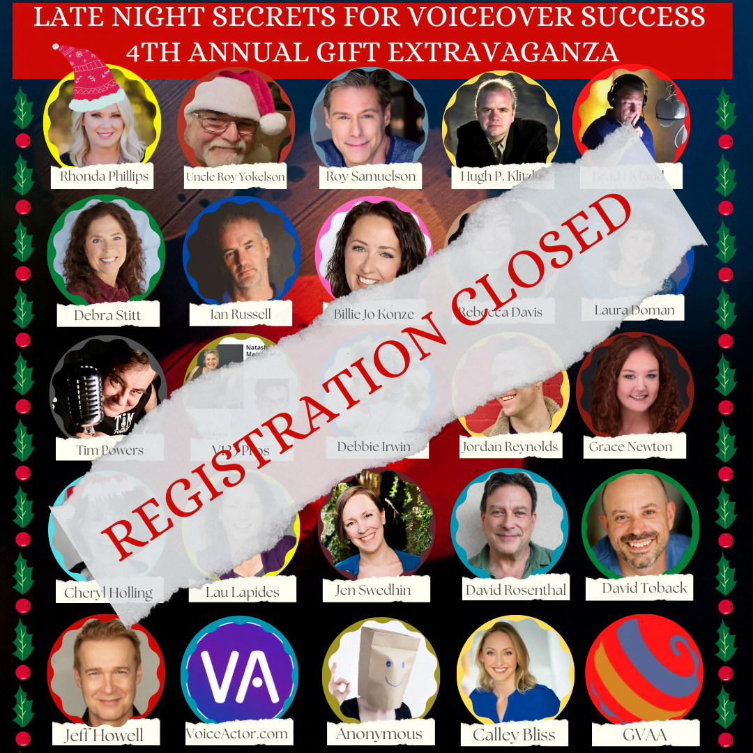 Holiday Gift Extravaganza. The graphic featuring headshots of several different voiceover professionals.