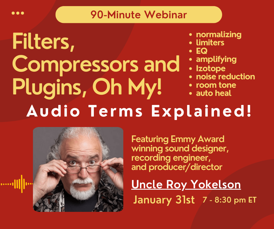 The headshot of an older man appears as he looks over his glasses. Filters, Compressors and Plugins, Oh My! Audio Terms Explained. 90-minute webinar on January 31st at 7pm ET.